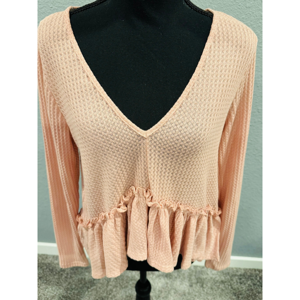 Peach Lane Pink Ruffle Hem Long-Sleeve Cropped Knit Top, Sz L, NEW - Picture 2 of 5